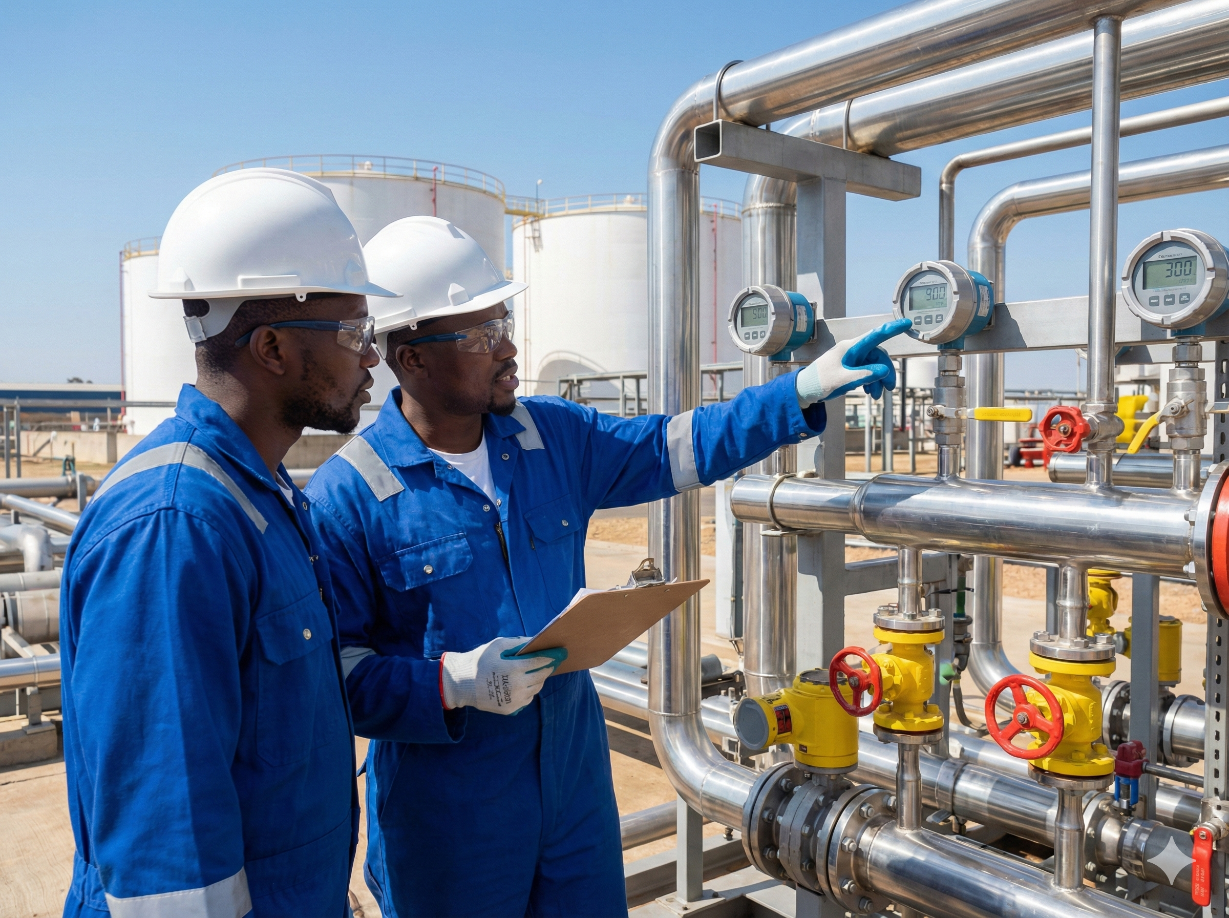 Team of engineers in PPE inspecting metering skid in daylight